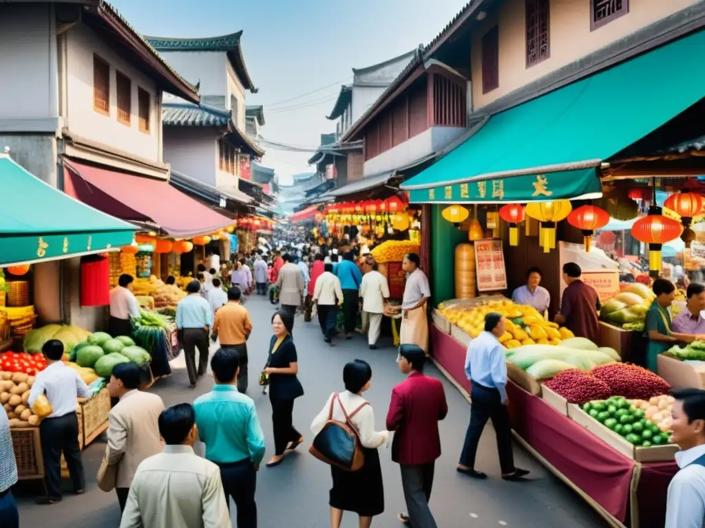 Vibrante escena de un bullicioso mercado asiático, reflejando la energía del comercio y los beneficios del libre comercio en Asia