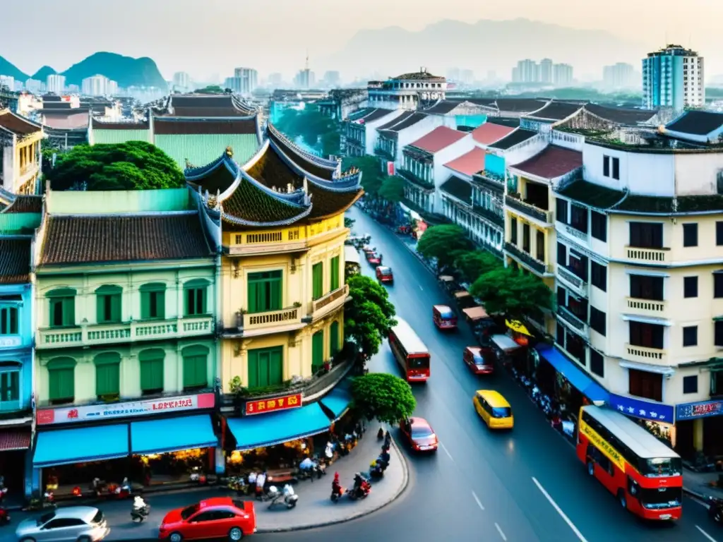 Vibrante imagen de las calles de Hanoi, Vietnam, con arquitectura histórica y moderna, reflejando la influencia de la Escuela Austriaca en Vietnam