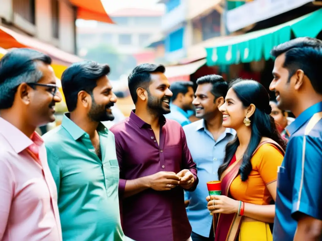 Un vibrante mercado al aire libre en Bangalore muestra emprendedores tecnológicos indios discutiendo animadamente