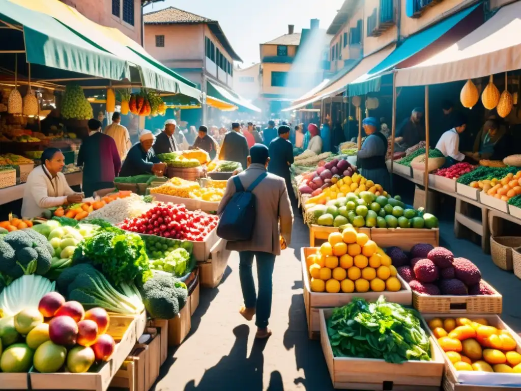 Un vibrante mercado al aire libre, con puestos de colores y productos frescos