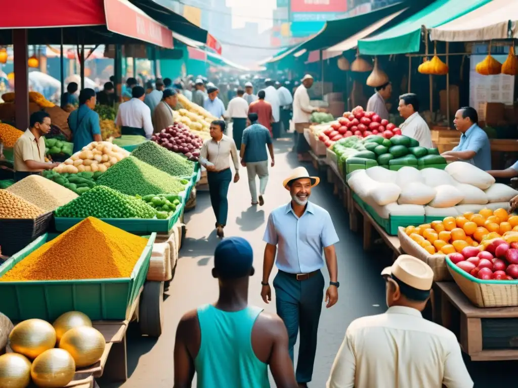 Un vibrante mercado descentralizado donde la diversidad y la libertad económica se entrelazan en intercambios comerciales