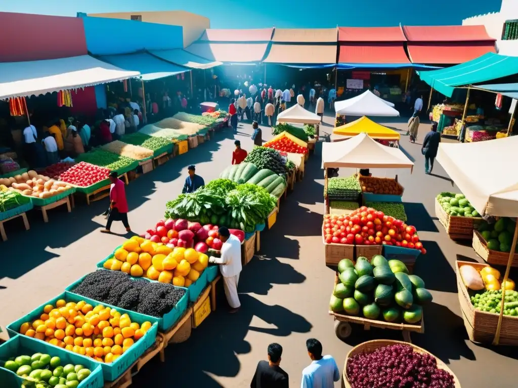 Vibrante mercado emergente con puestos coloridos y multitud en movimiento