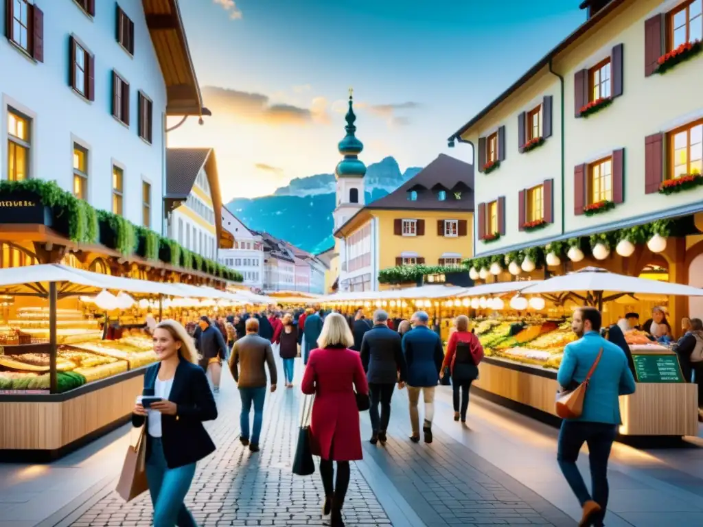 Vibrante mercado moderno en Austria, retratando la diversidad y la energía del consumidor austriaco