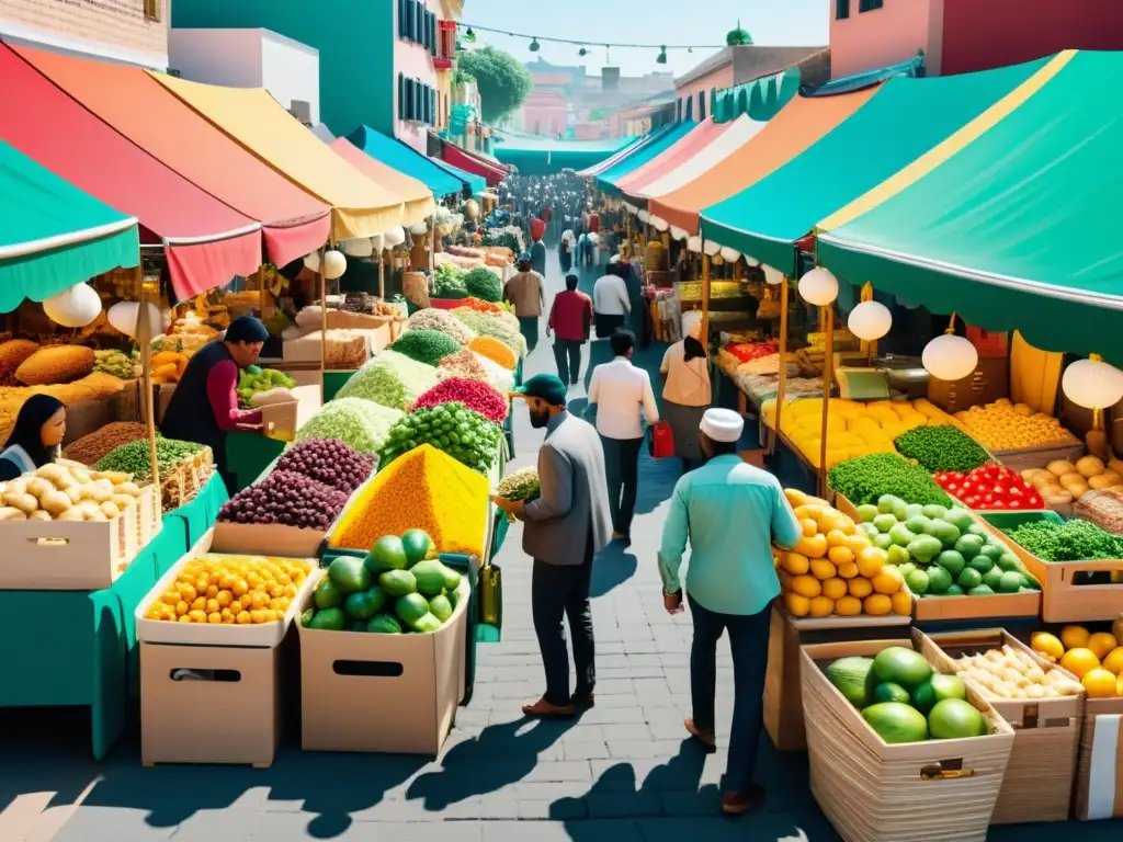 Vibrante mercado con vendedores y clientes, reflejando la diversidad y dinamismo de una economía próspera