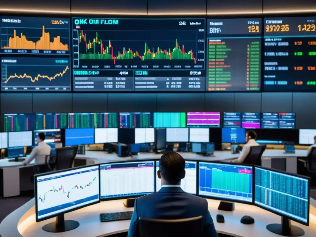 Vibrante sala de trading financiero, con monitores y gráficos financieros dinámicos