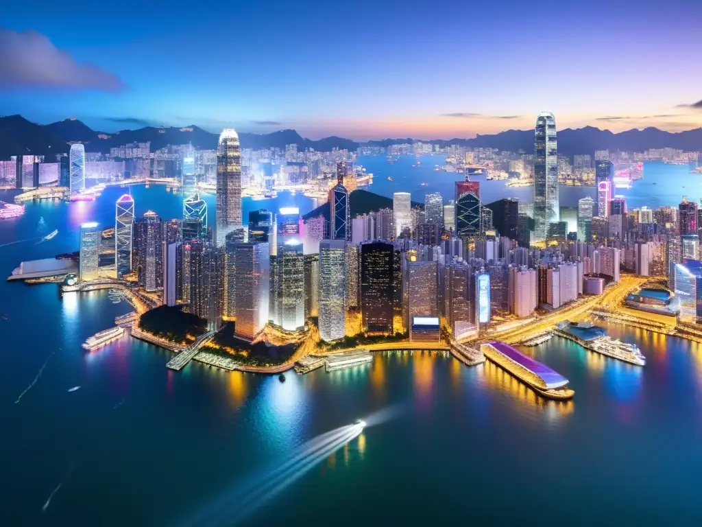 Vibrante skyline nocturno de Hong Kong, reflejando la próspera laissez faire de la ciudad en Victoria Harbour