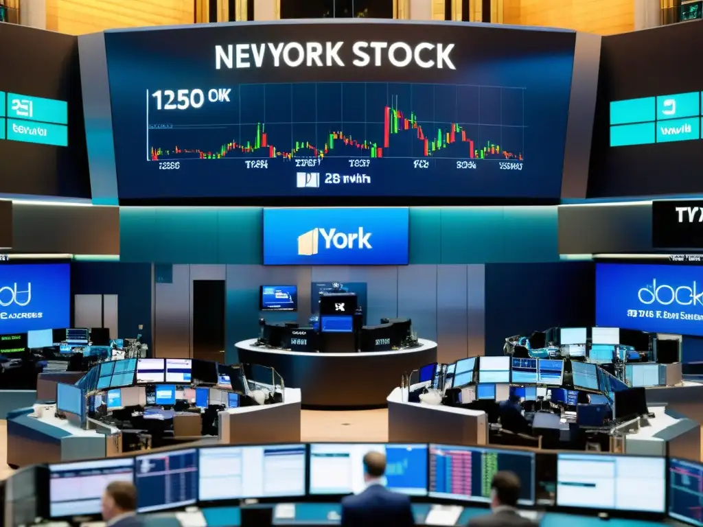 Vibrante trading floor de la Bolsa de Nueva York, con traders, gráficos y patrones detallados, capturando la energía del mercado bursátil