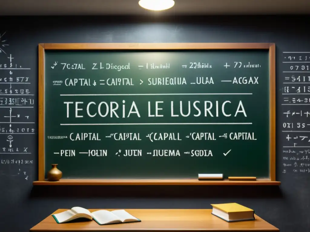 Vintage pizarra con Teoría del Capital en la Escuela Austriaca en la penumbra de un aula, iluminada por un foco