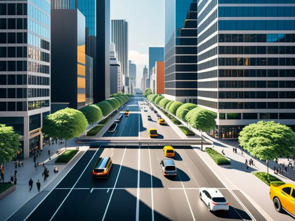 Vista aérea: Ciudad moderna en movimiento Vista aérea de una bulliciosa calle urbana entre edificios modernos