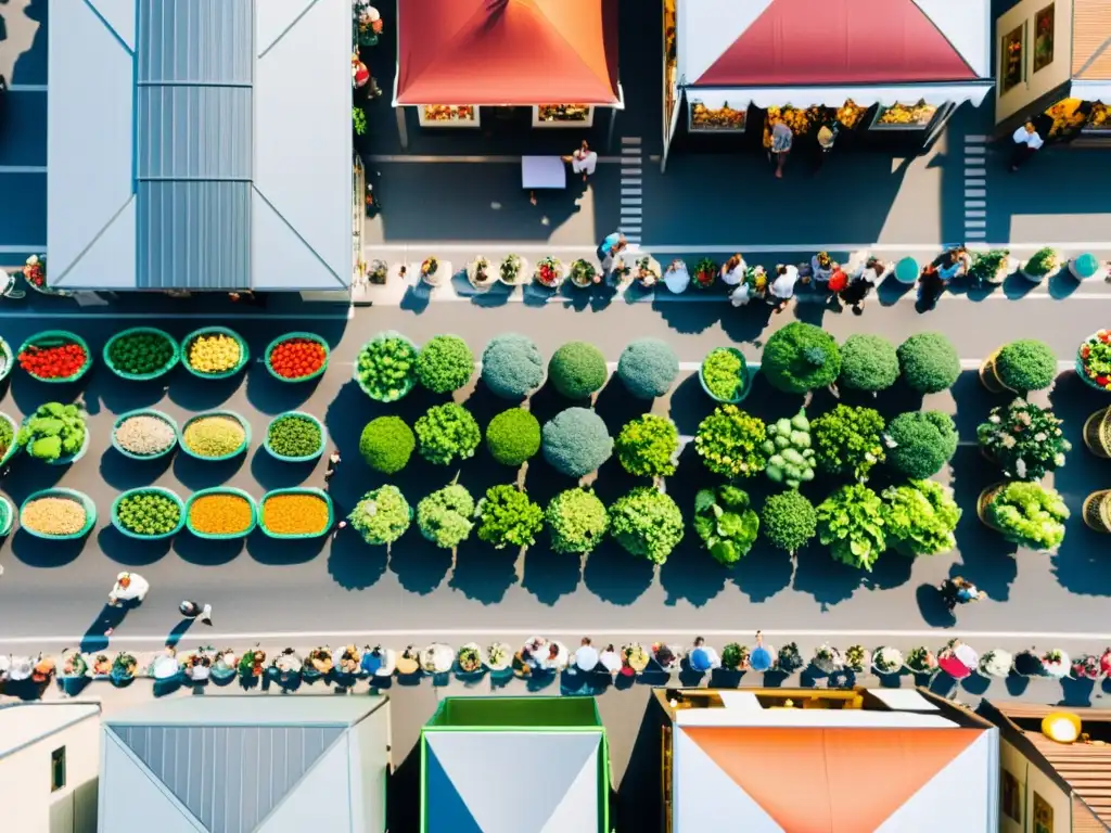 Vista aérea de un bullicioso mercado en Viena, Austria, inmerso en la Praxis del Capitalismo Austriaco