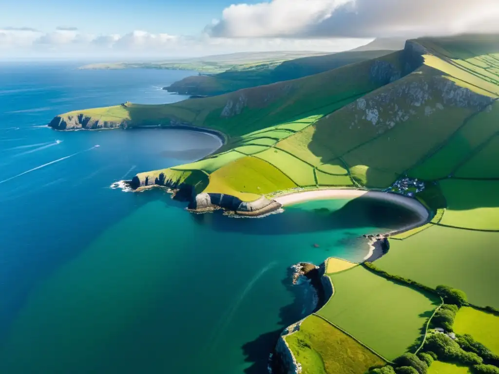 Vista aérea de la campiña irlandesa, con colinas verdes, casas de piedra y costa rocosa, bajo el impacto del laissez-faire en Irlanda