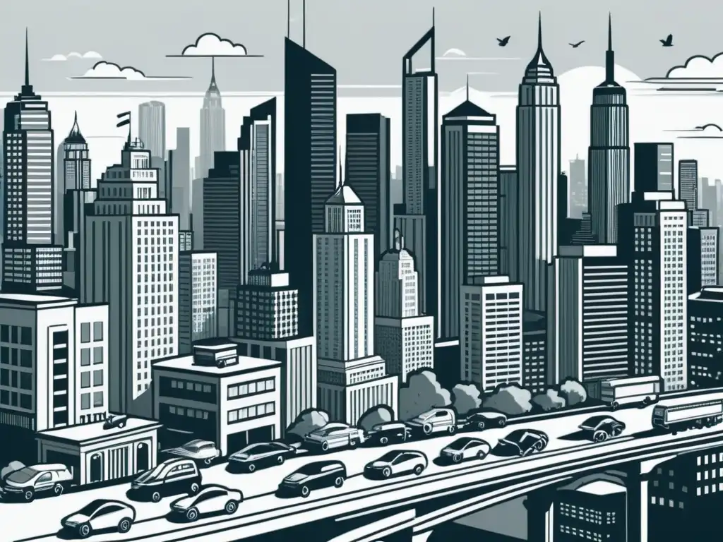 Metrópolis en blanco y negro: la dinámica del mundo empresarial Vista aérea de una ciudad en blanco y negro con rascacielos y calles concurridas, capturando la actividad empresarial