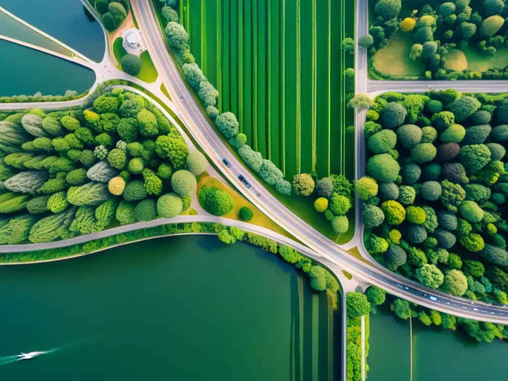 Centro urbano moderno rodeado de naturaleza: la descentralización en acción Vista aérea de una ciudad vibrante rodeada de vegetación, simbolizando el impacto de las políticas de descentralización para combatir inflación