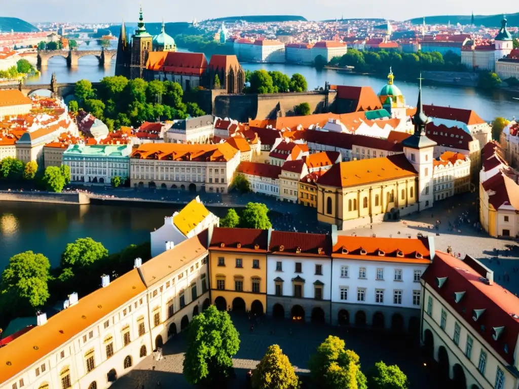 Vista aérea de Praga con sus icónicos tejados rojos, el río Vltava y el majestuoso Castillo de Praga al fondo