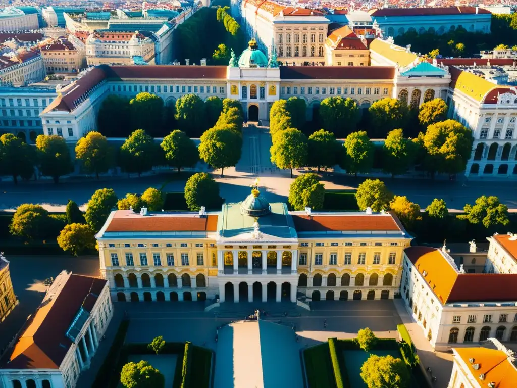 Vista aérea impresionante de Viena, Austria, con la Biblioteca Nacional y el Palacio Schönbrunn destacando en el paisaje urbano