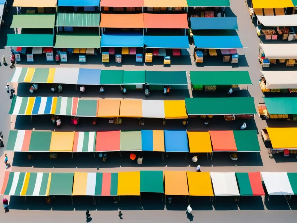 Mercado austriaco: armonía y dinamismo Vista aérea de un mercado animado, con puestos simétricos y patrones geométricos