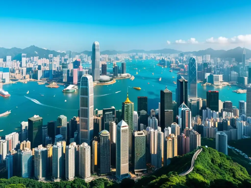 Vista aérea de la próspera y dinámica ciudad de Hong Kong, con su icónica arquitectura y el resplandeciente puerto Victoria