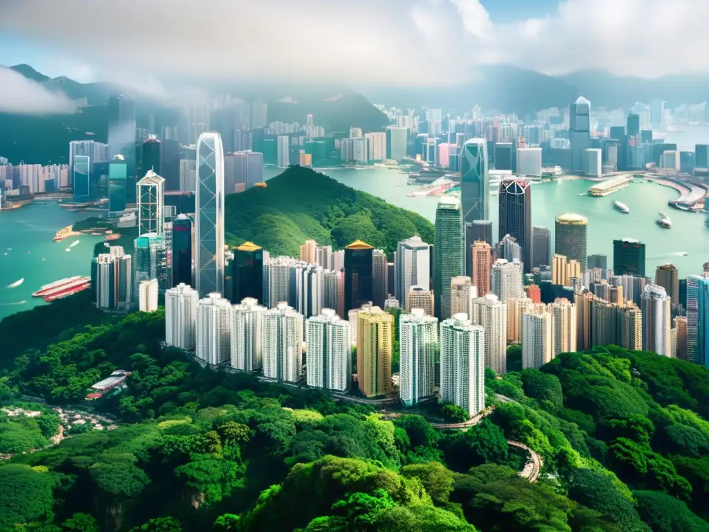 Vista aérea de Hong Kong con rascacielos modernos, arquitectura tradicional, puerto Victoria y montañas verdes