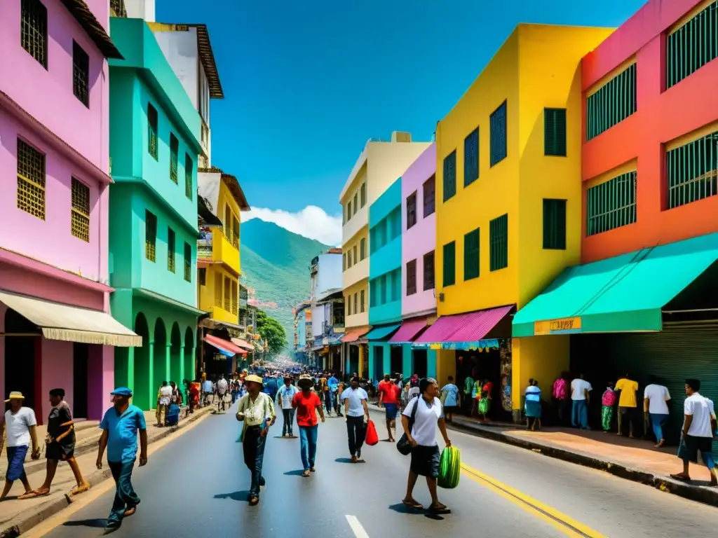 Vista de la bulliciosa calle de Caracas, Venezuela, con gente y edificios coloridos