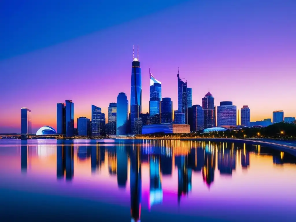 Horizonte urbano moderno iluminado al atardecer Vista de la ciudad al atardecer con rascacielos iluminados y reflejos en el río, evocando los Principios del éxito económico