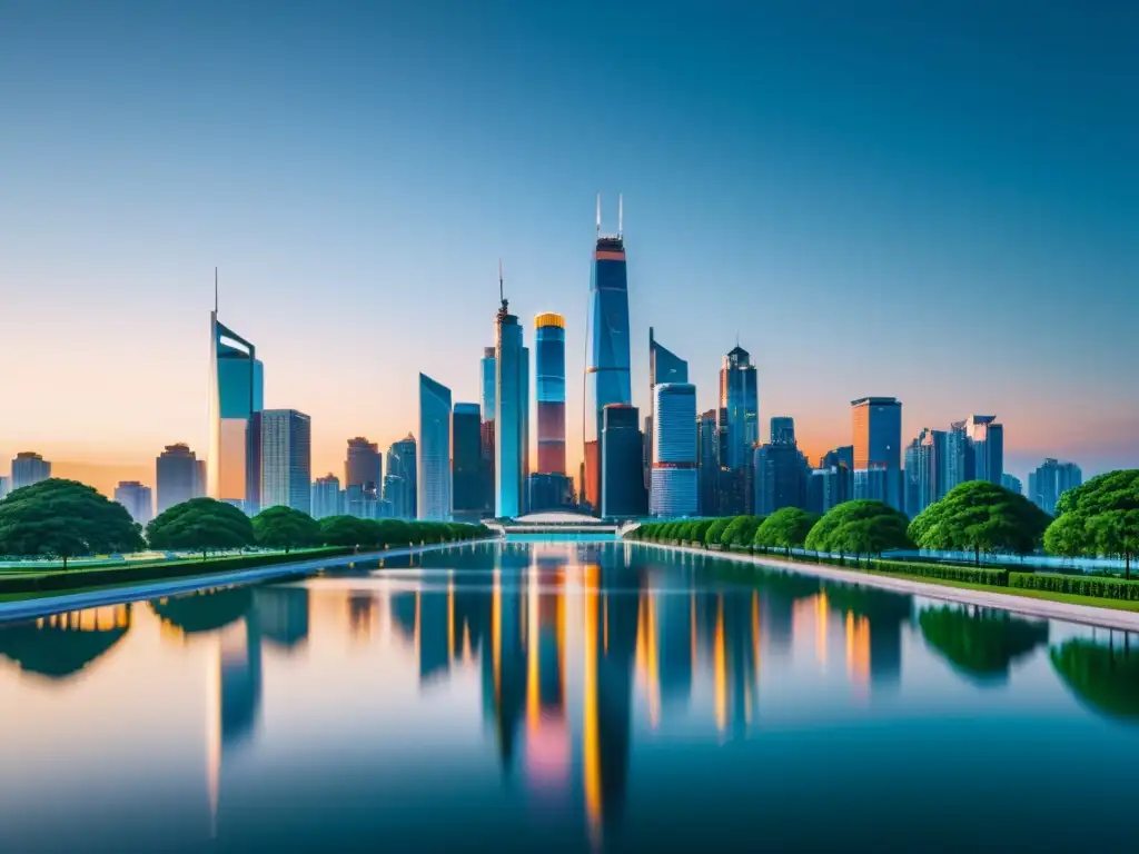 Vista de una ciudad futurista simétrica al anochecer, con rascacielos reflectantes