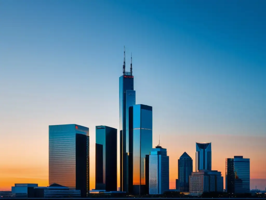 Vista de la ciudad moderna al atardecer, con rascacielos elegantes que reflejan la luz cálida