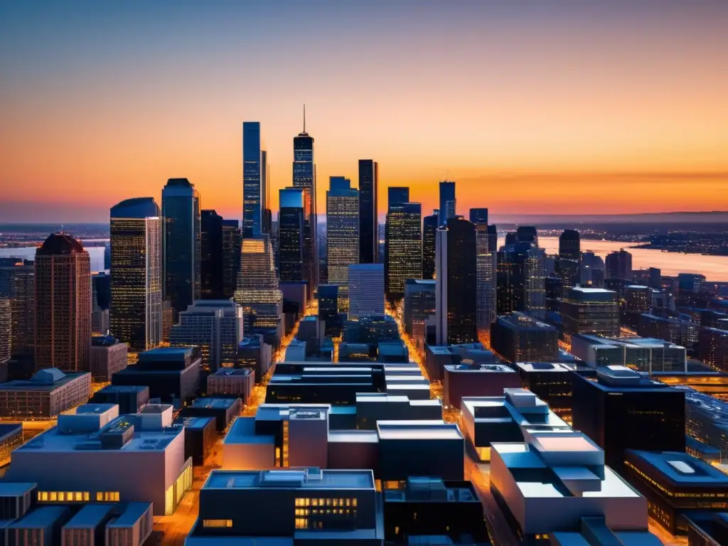 Vista de la ciudad moderna al atardecer con arquitectura minimalista, reflejando monetarismo en la era digital