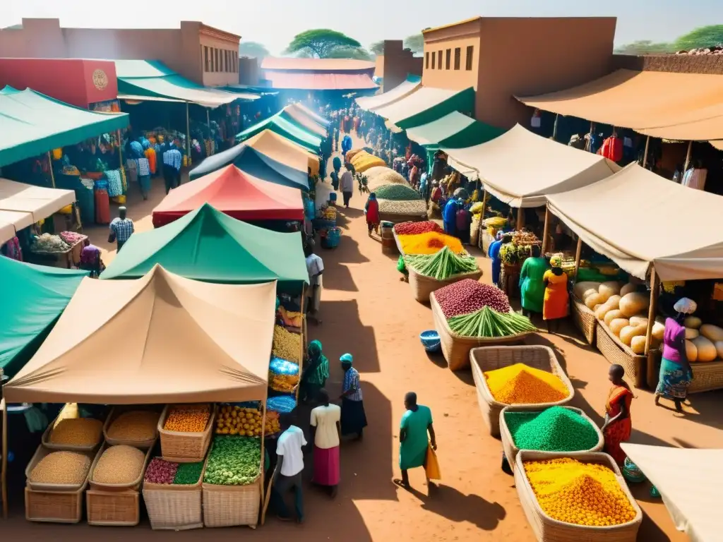 Vista detallada de un bullicioso mercado africano en 8k, con colores vibrantes y personas realizando actividades económicas