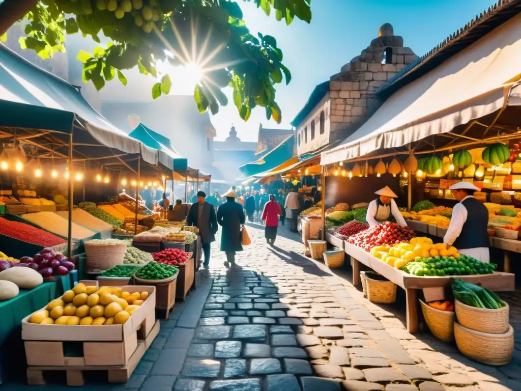 Vista detallada de un bullicioso mercado con frutas, verduras y especias coloridas en el foco