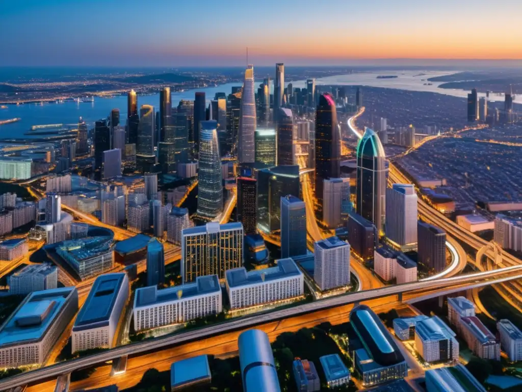 Vista detallada de la ciudad moderna al anochecer, con edificios futuristas bañados en luz dorada, reflejando los desafíos de la economía colaborativa