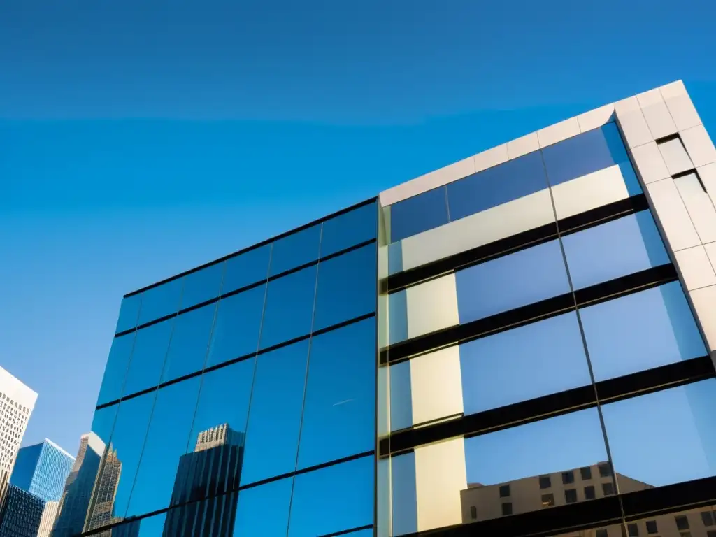 Vista detallada de un moderno edificio bancario con ventanales reflectantes en una vibrante ciudad