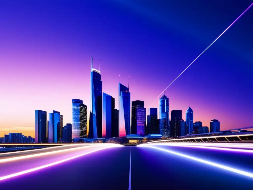Horizonte futurista: skyline iluminado y conectado en la hora azul Vista futurista de la ciudad al atardecer con rascacielos iluminados y líneas geométricas conectadas, reflejando la perspectiva austriaca de la revolución financiera fintech
