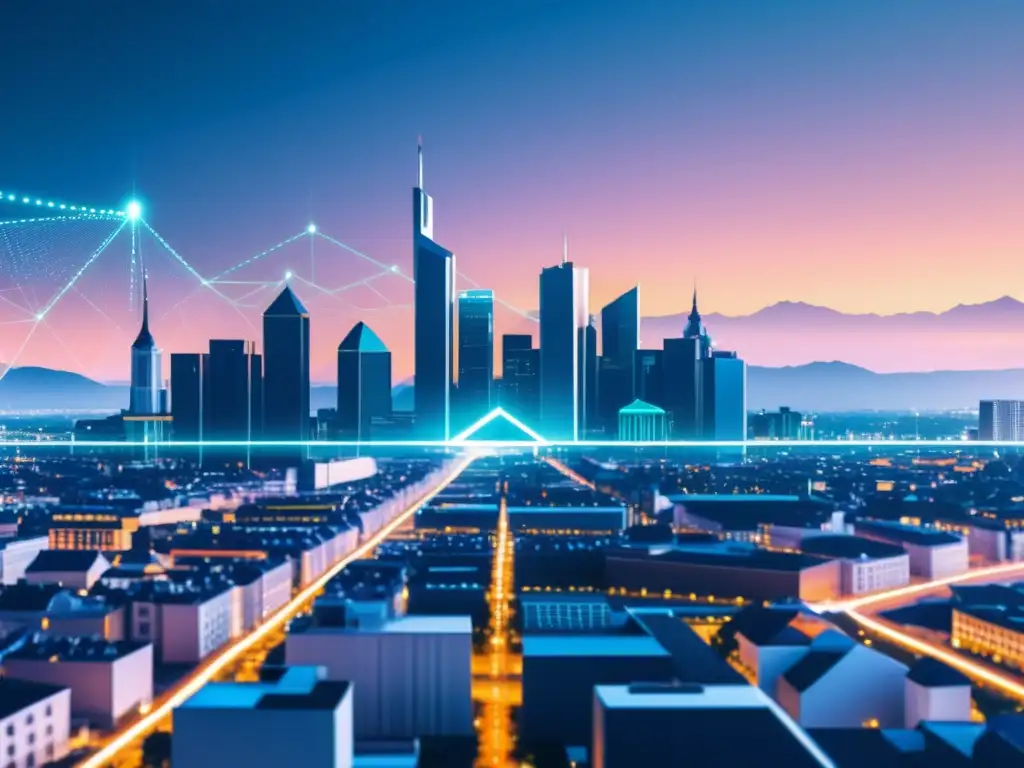 Vista futurista de la ciudad con redes blockchain, fusionando la Escuela Austriaca y la innovación tecnológica