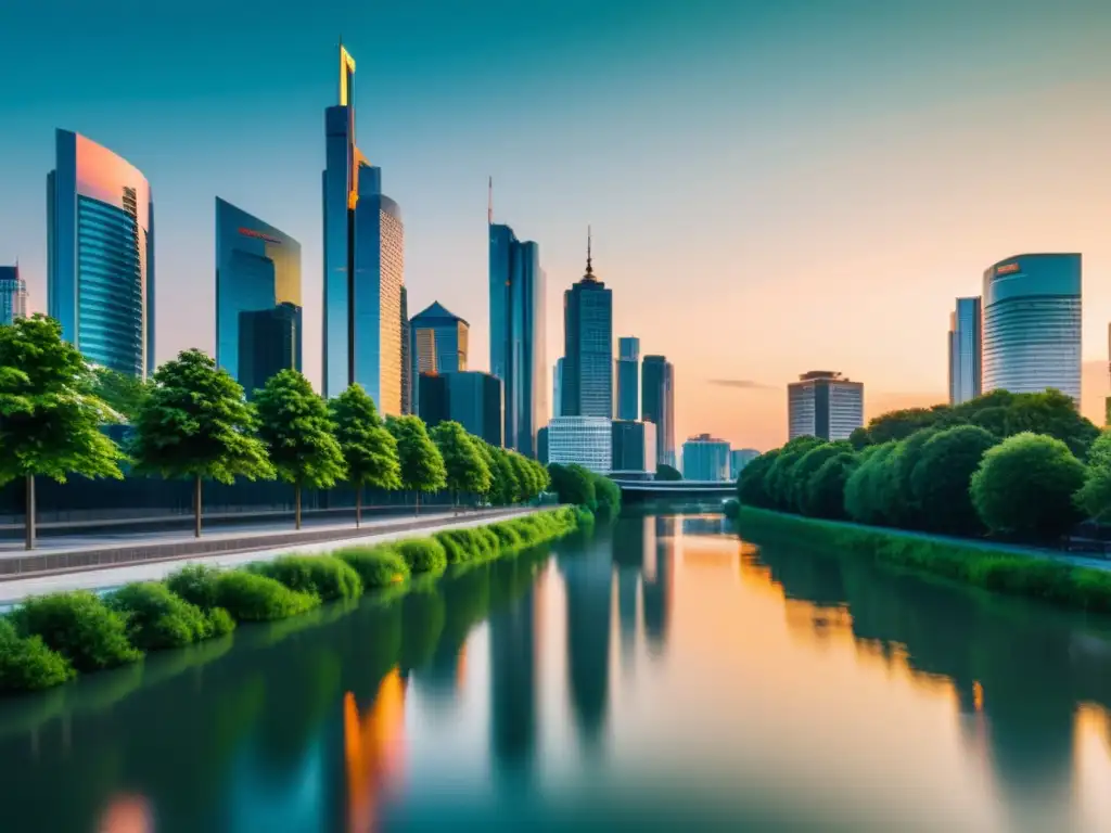 Vista futurista de distrito financiero austriaco al atardecer con rascacielos angulares reflejando el sol, rodeado de naturaleza y río