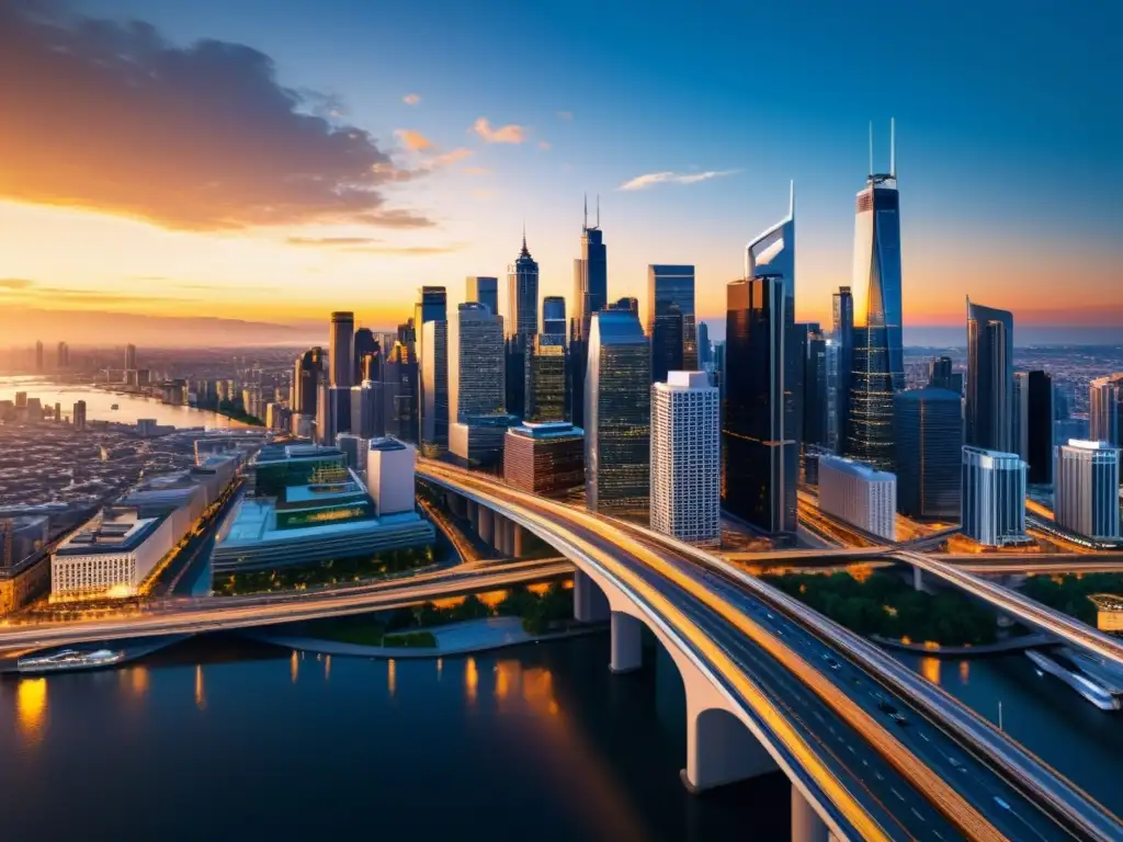 Vista impactante de una ciudad moderna en 8k, con rascacielos brillantes reflejando el atardecer dorado