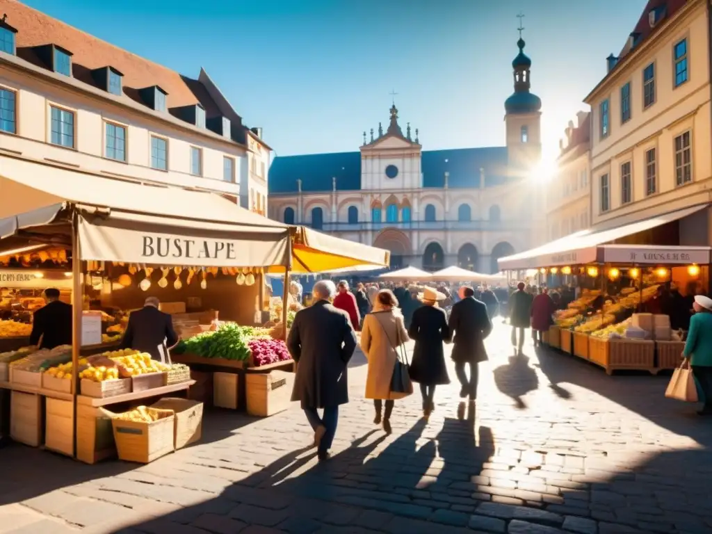 Vista impresionante de una bulliciosa plaza de mercado en una ciudad europea histórica, donde comerciantes y clientes participan en la cooperación económica