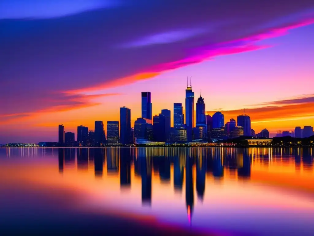 Vista impresionante de la ciudad al atardecer con reflejos en el agua, evocando patrones de consumo estilo austriaco