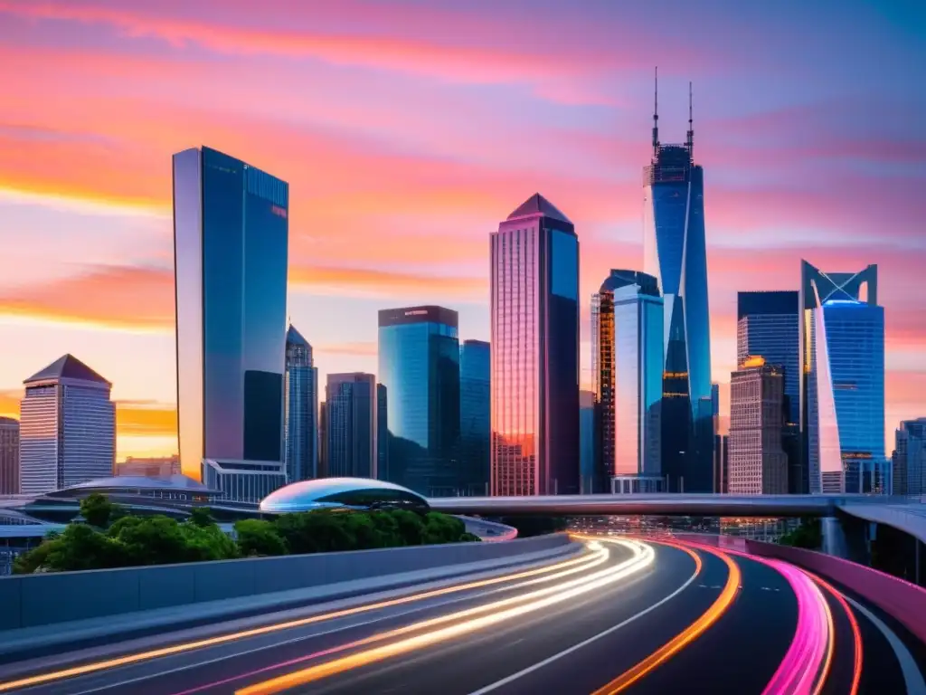 Vista impresionante de una ciudad moderna al atardecer, con rascacielos reflejando tonos cálidos del cielo