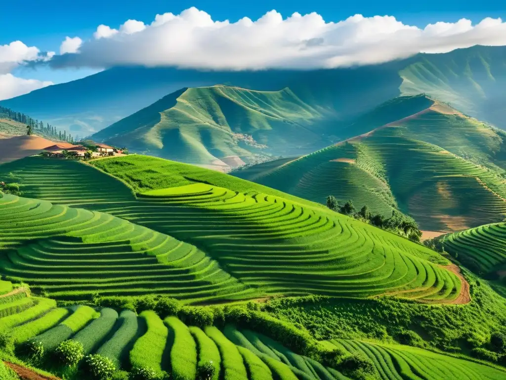 Vista impresionante de las colinas verdes de Ruanda, con campos vibrantes y agricultura en terrazas