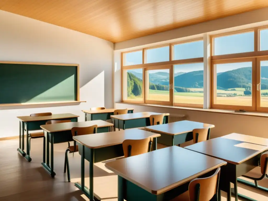 Vista interior de aula soleada en la campiña austriaca con materiales educativos escuela austriaca