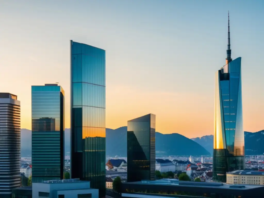 Vista moderna de la ciudad austríaca con rascacielos y arquitectura tradicional, reflejando innovación y progreso en el paisaje financiero de Austria