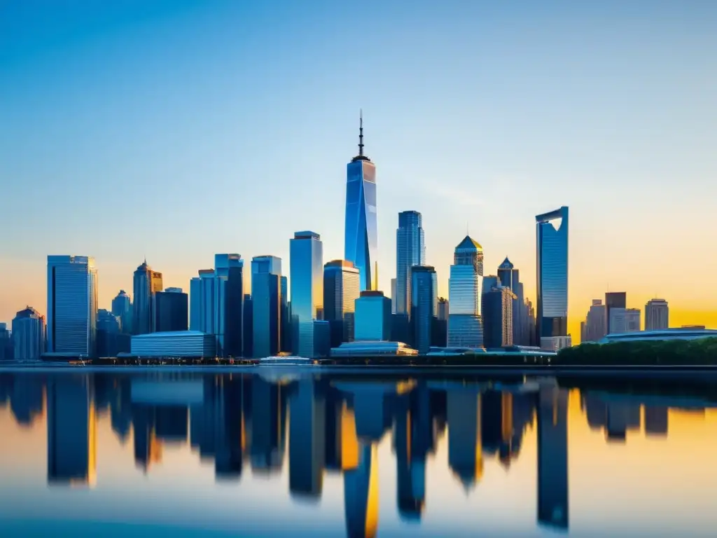 Vista moderna de la ciudad con rascacielos reflectantes bañados en luz dorada