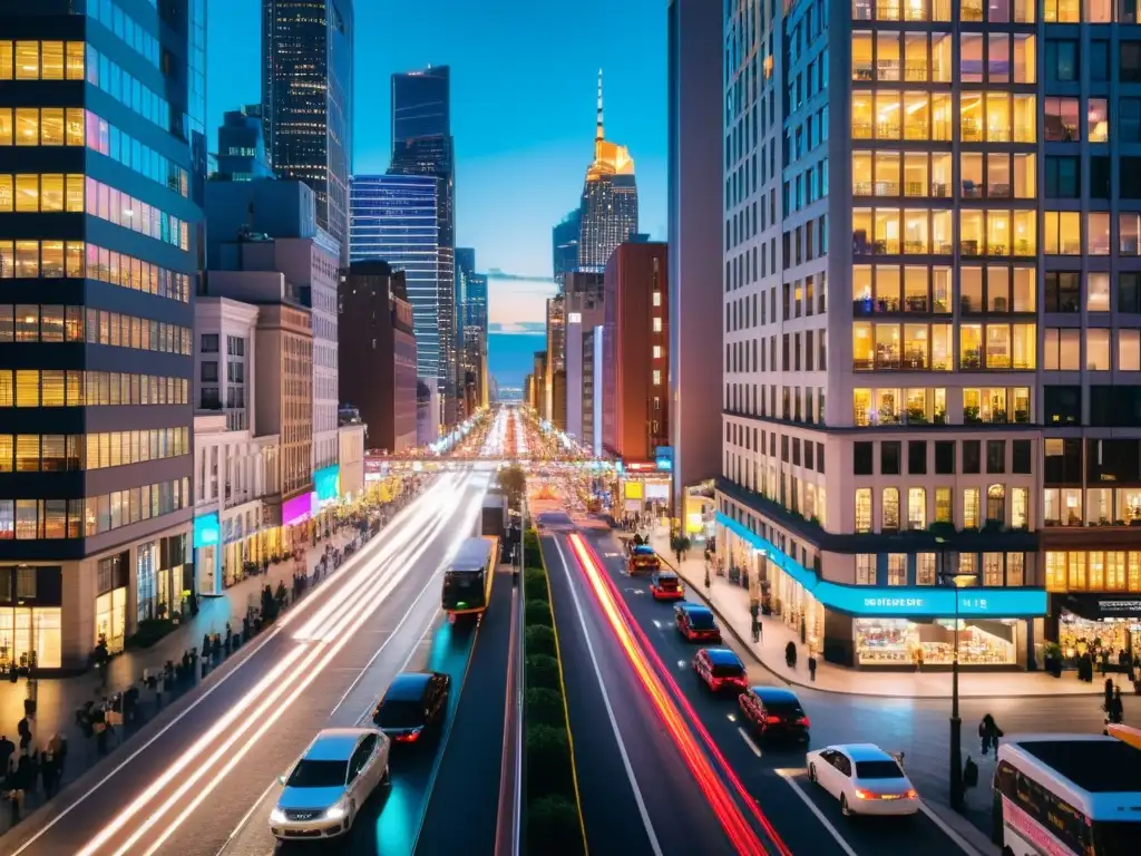 Vista nocturna de una bulliciosa ciudad, con edificios iluminados y calles llenas de autos y peatones