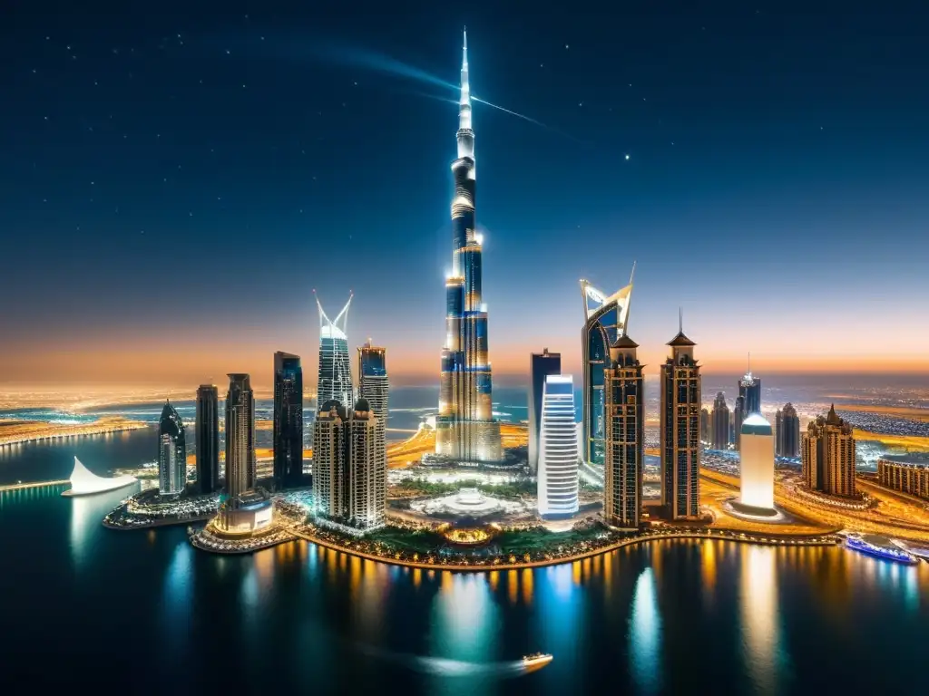 Vista nocturna de Dubái con el Burj Khalifa y otros rascacielos iluminados, reflejados en el agua