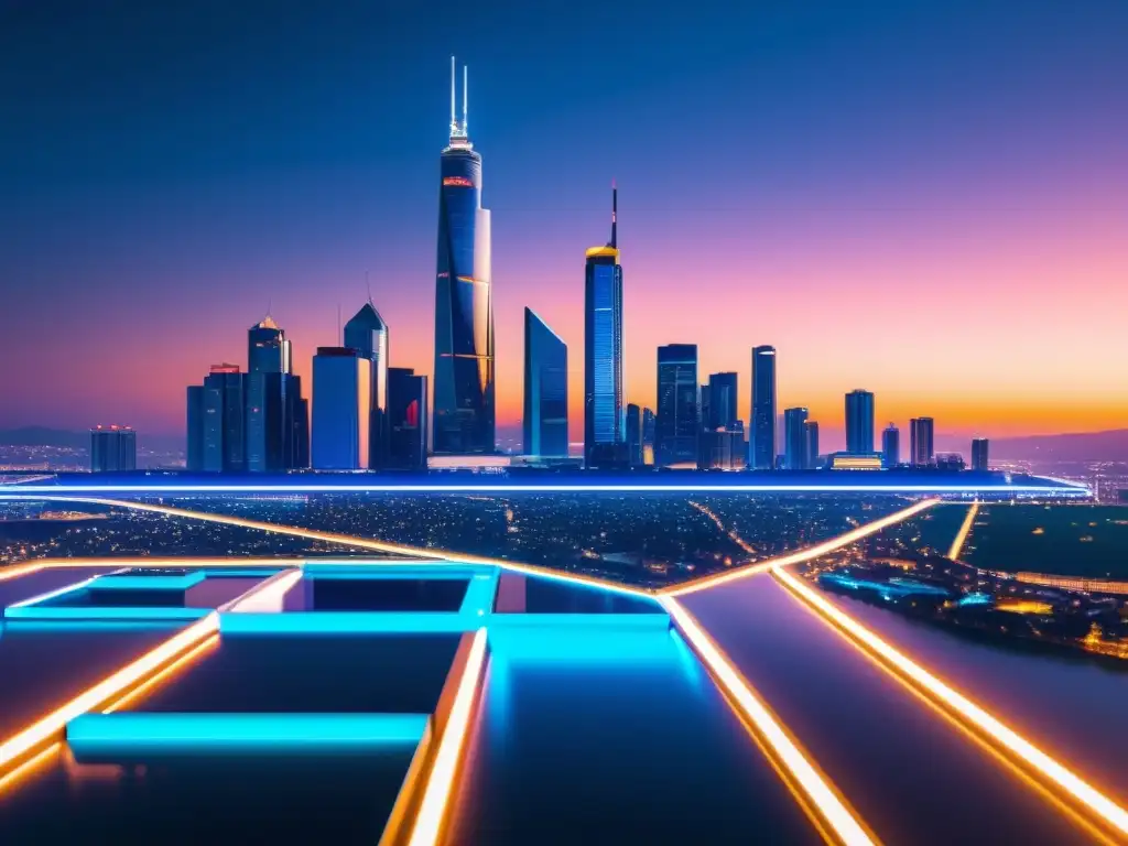 Cityscape futurista nocturna con criptomonedas Vista nocturna de una ciudad futurista con rascacielos iluminados por luces de neón, rodeada de símbolos de criptomonedas