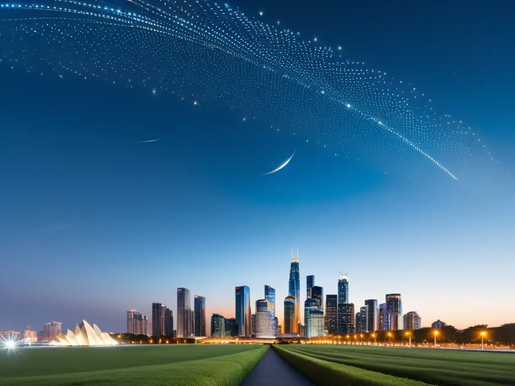 Vista nocturna de una ciudad moderna con rascacielos futuristas y luces brillantes, evocando dinamismo y progreso económico