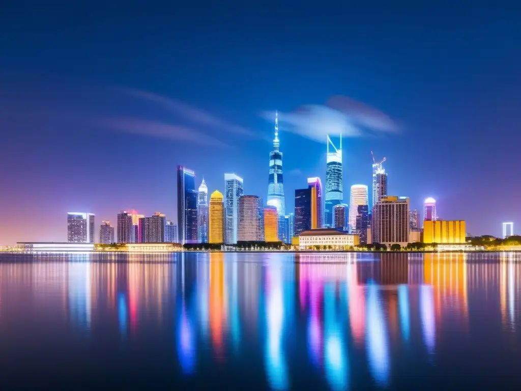 Vista nocturna de ciudad moderna con arquitectura minimalista iluminada por luces neón sobre agua calmada, transmitiendo orden y modernidad