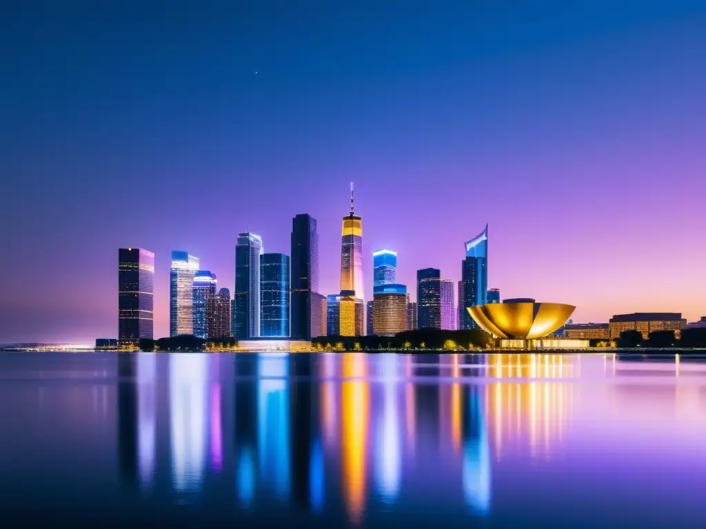 Vista nocturna de una ciudad moderna y vibrante, reflejos dorados en el agua