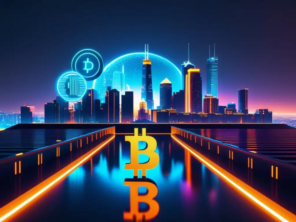 Vista nocturna futurista de la ciudad con rascacielos minimalistas y símbolos vibrantes de Bitcoin, evocando Bitcoin como reserva de valor