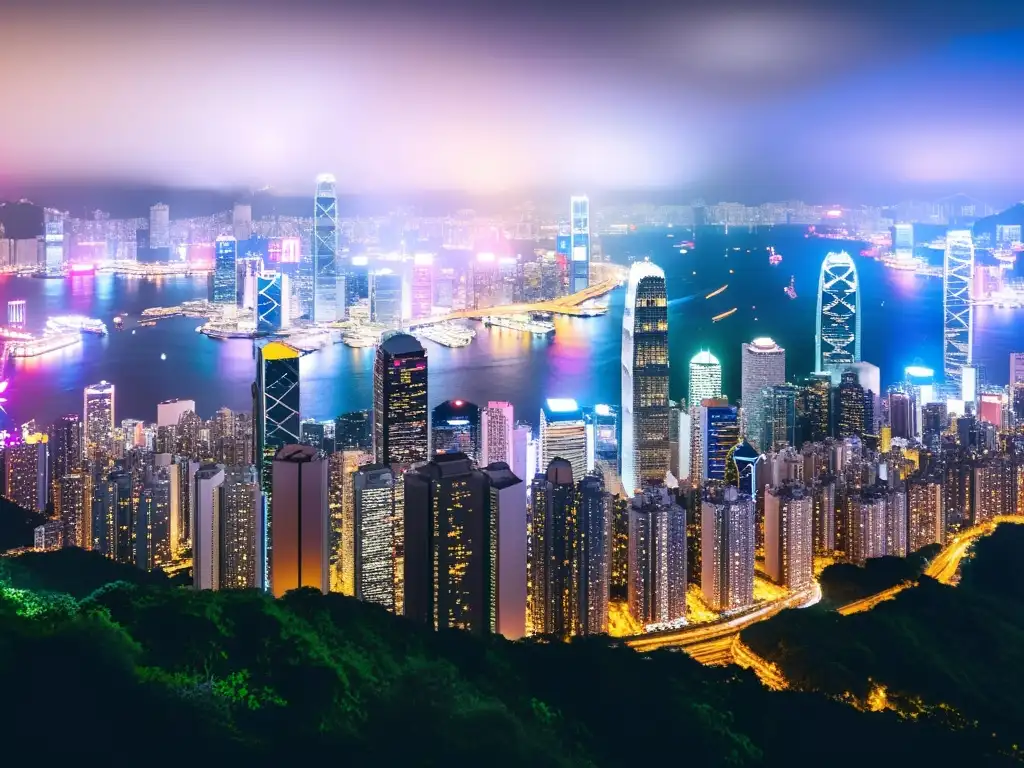 Vista nocturna de Hong Kong con rascacielos iluminados, reflejados en el puerto Victoria, capturando la próspera laissez faire de la ciudad